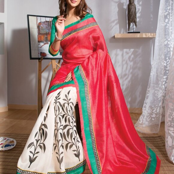 Bhagalpuri  Festival Designer Half N Half printed silk Saree - Picture 10 of 16